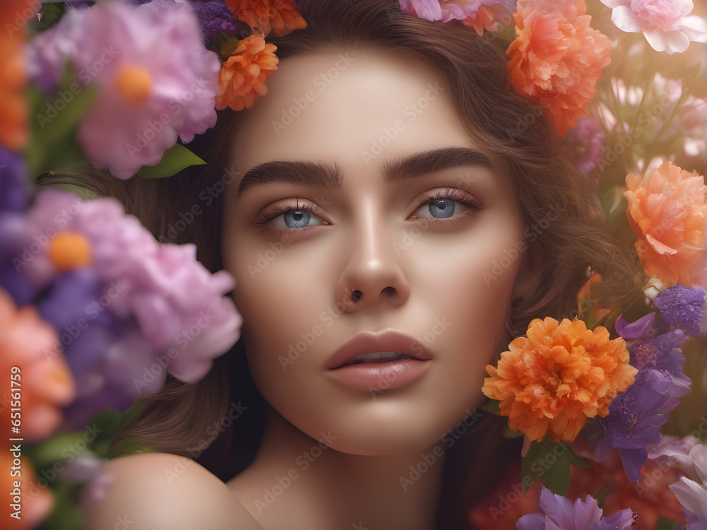 beauty photography. portrait model in flowers. Beautiful healthy facial skin. beauty industry advertising. generative AI