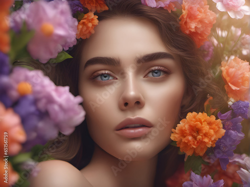 beauty photography. portrait model in flowers. Beautiful healthy facial skin. beauty industry advertising. generative AI © EVISUAL