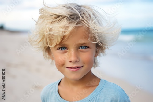 Portrait of happy young caucasian blonde kid blue eyes on holiday. Generative Ai.