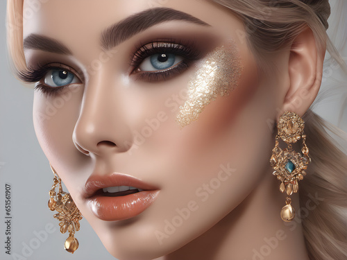 beauty photography closeup portrait model with trendy makeup advertising. Beautiful young woman with perfect glowing skin and blue eyes. generative AI