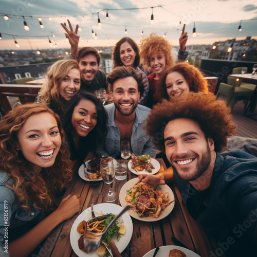 Generative AI,multiethnic group of friends smiling and looking at camera in city 