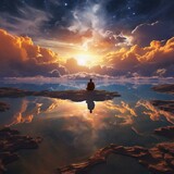 Isolated person gazes at the heavenly sky in a fantasy landscape, immersed in meditation and spiritual reflection./