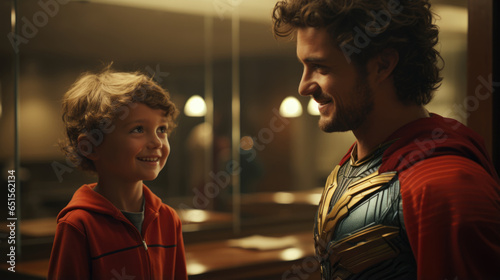 Father and son in costume of superheroes looking at each other. My dad is super hero.
