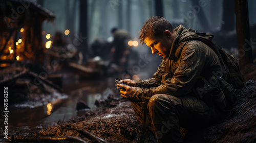 A man in a military uniform sits and looks at the phone.