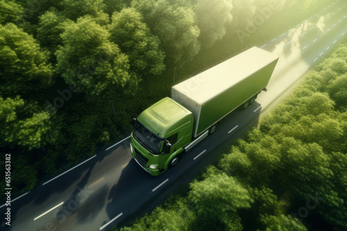 Green semi-trailer truck driving on an empty asphalt road with green forest on the sides, drone view.generative ai
 photo