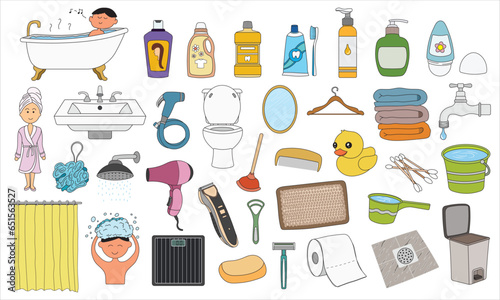 Kids drawing Cartoon Vector illustration Set of bathroom elements icon in doodle style