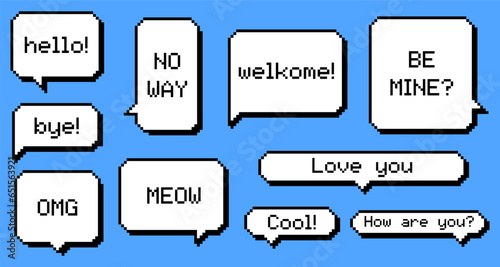 Collection different pixel texting dialogue boxes or speech bubble with phrases isolated on blue background.