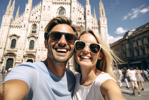 Happy couple in love with glasses on vacation against the background of a beautiful old church or cathedral on a sunny day, selfie.generative ai  © Ivan