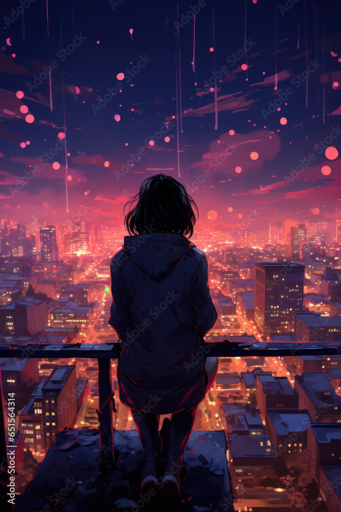 illustration of a female silhouette from the back on a balcony overlooking a big sci-fi city downtown in purple and pink colours in color block hand drawn digital pencil art look textured 