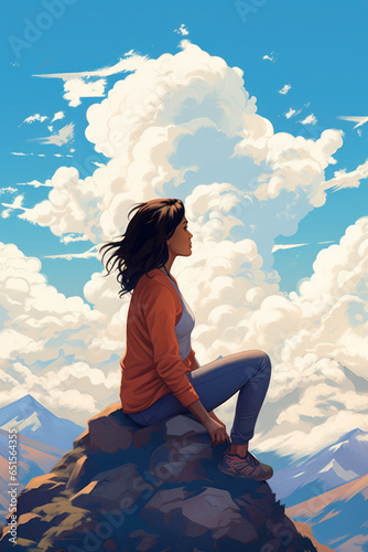 color block pastel illustration of woman from the side sitting in mindful meditating in nature mountain clouds sky peace clarity mental wellbeing balance digital painting hand drawn look
