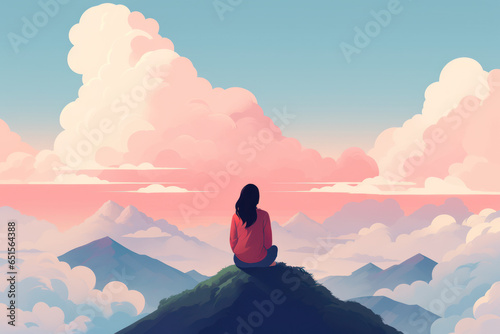 color block pastel illustration of woman from the back sitting in mindful meditating in nature mountain clouds sky peace/clarity/mental wellbeing/balance digital painting hand drawn look photo