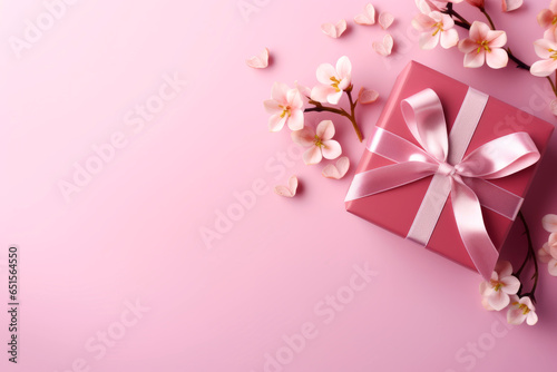 Pink background with a gift with a pink bow, ribbon. Valentine's Day, Happy Women's Day, Mother's Day, Birthday, Wedding, Christmas. space for text, banner, leaflet.generative ai © Ivan