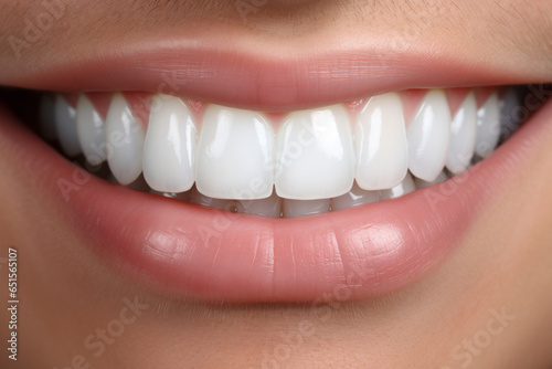 Beautiful white teeth of a young women, pure white teeth or a smile. Healthy teeth theme.generative ai 