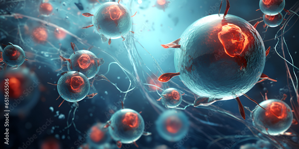 Group Of Cells And Yellow Cell Dots Background, In Vitro Disease Model