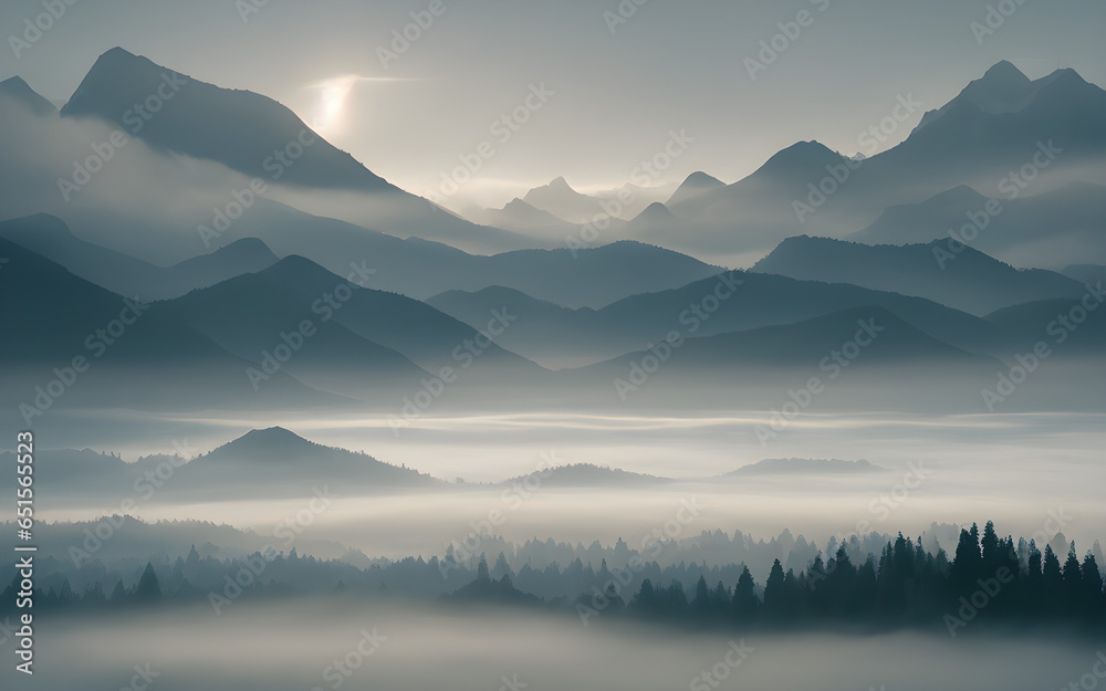 Sunrise in the mountains. mountains in the fog in the morning. Mountain range with visible silhouettes through the morning colorful fog. fog and cloud mountain valley. generative AI Sunrise in the mountains. mountains in the fog in the morning. Mountain range with visible silhouettes through the morning colorful fog. fog and cloud mountain valley. generative AI