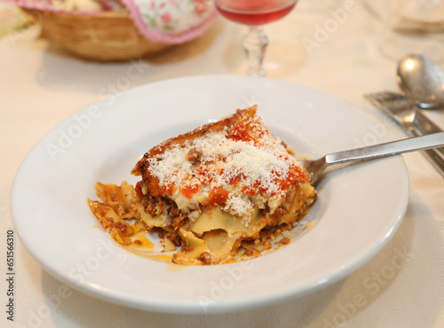 hearty plate of lasagna with meat and cheese at the European restaurant