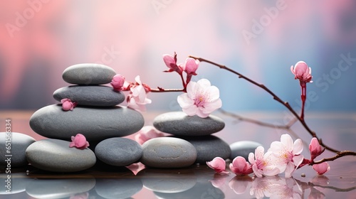 Set of pink orchid flowers and gray spa stones on water and reflection Copy Space

