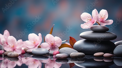 Set of pink orchid flowers and gray spa stones on water and reflection Copy Space 