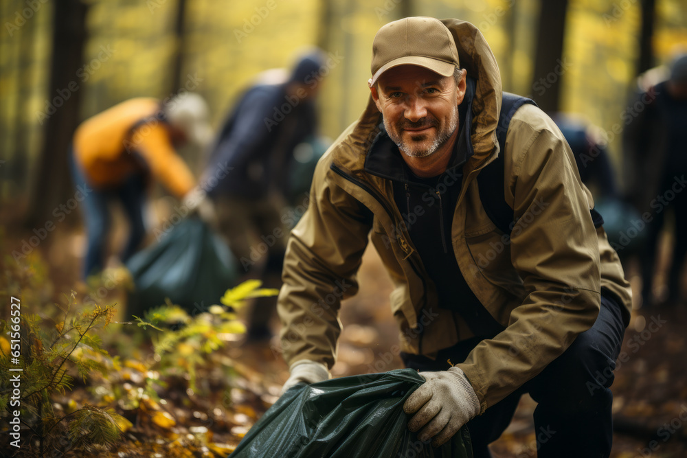 Confident male ecology activist cleaning up forest from garbage with his friends together