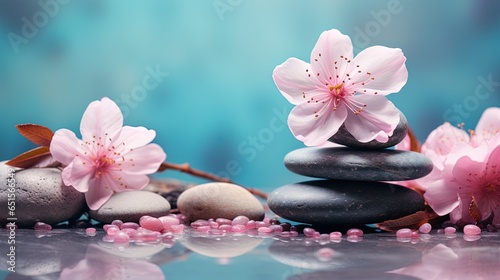 Grey stones and pink flowers on clean background, Concept of balance and harmony for spa website Copy Space 