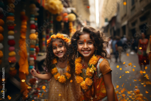 Two little Indian girls in flower necklaces looking happy while walking by the street decorated to holiday