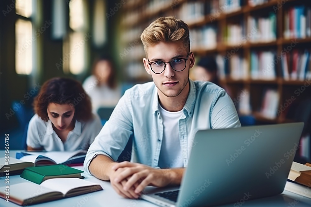 Young european student is studying in modern school university library with laptop. Generative Ai. Young european student is studying in modern school university library with laptop. Generative Ai.