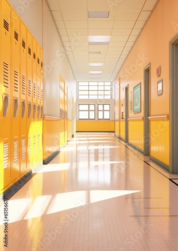 University hallway with modern yellow row of lockers on the wall, clean school interior. Generative Ai.