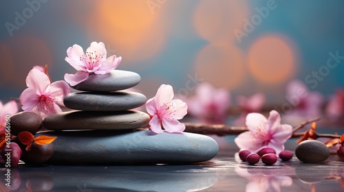Panoramic still life for harmony in spa  massage or yoga. Stack of spa mineral pebbles with pink flowers on defocused wellness background. Copy space 