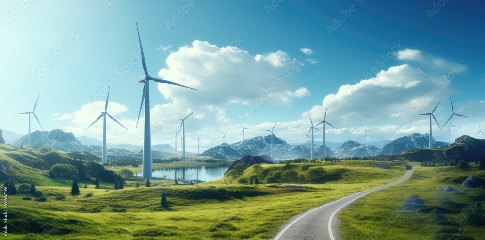 Wind power station with cloudy blue sky background. - obrazy, fototapety, plakaty 