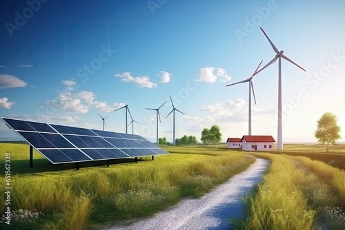 Wind turbine and solar panels on the grass field background.
