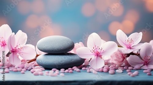 spa wellness: stones for massage and rose Flowers copy space
 photo