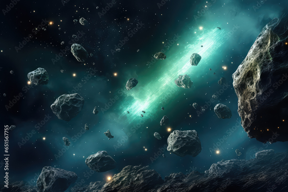 Obraz premium Abstract cosmic background with asteroids and glowing stars