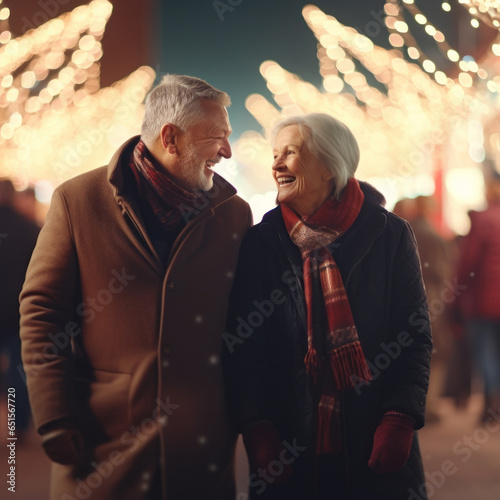 grandparents in love holding hands on the street at Christmas, well wrapped up © Marco