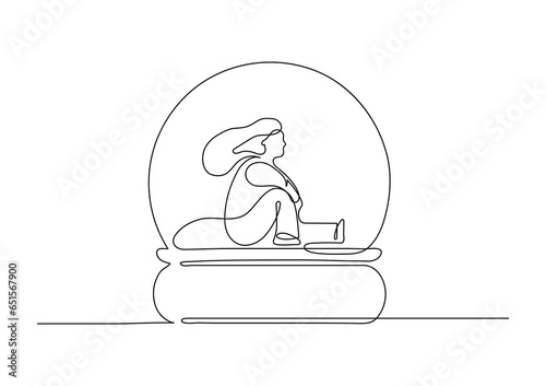 Woman sitting and looking from glass globe. Loneliness, social phobia, introversion concept. Psychology metaphor. Continuous line drawing.