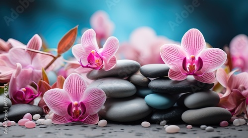 Panoramic still life for harmony in spa, massage or yoga. Stack of spa mineral blueish tone pebbles with pink flowers on defocused wellness background Copy Space 