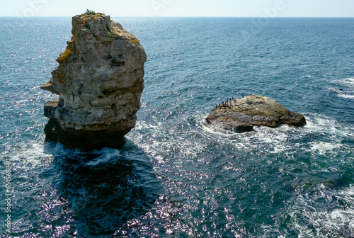 High impregnable rock in the water near the village of Tyulenovo in Bulgaria, Black Sea