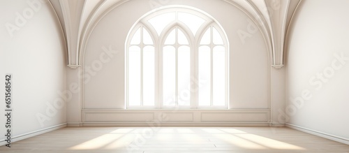 House with a large arched window in an empty brightly lit room with white walls