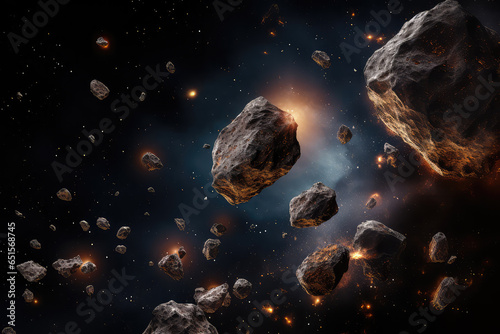 Abstract cosmic background with asteroids and glowing stars photo