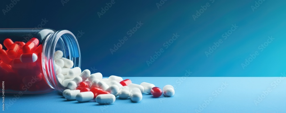 Many pills pilled of jar together, pain relief and addiction banner panorama. Generative Ai - obrazy, fototapety, plakaty 