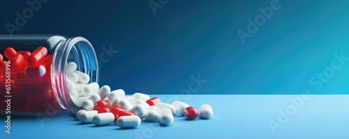 Many pills pilled of jar together, pain relief and addiction banner panorama. Generative Ai