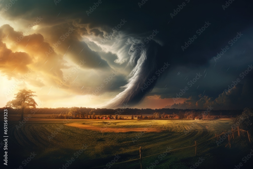 Landscape view on tornado storm weather destroying planet landscape. Generative Ai.