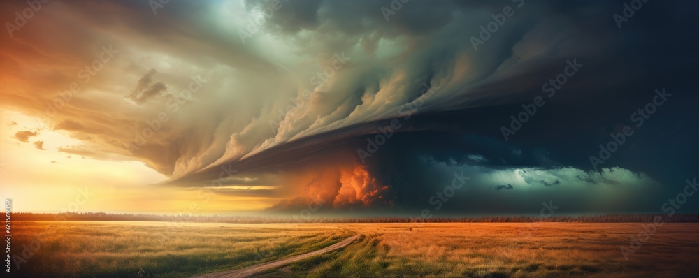 Landscape view on tornado storm weather destroying planet, panorama banner. Generative Ai. - obrazy, fototapety, plakaty 