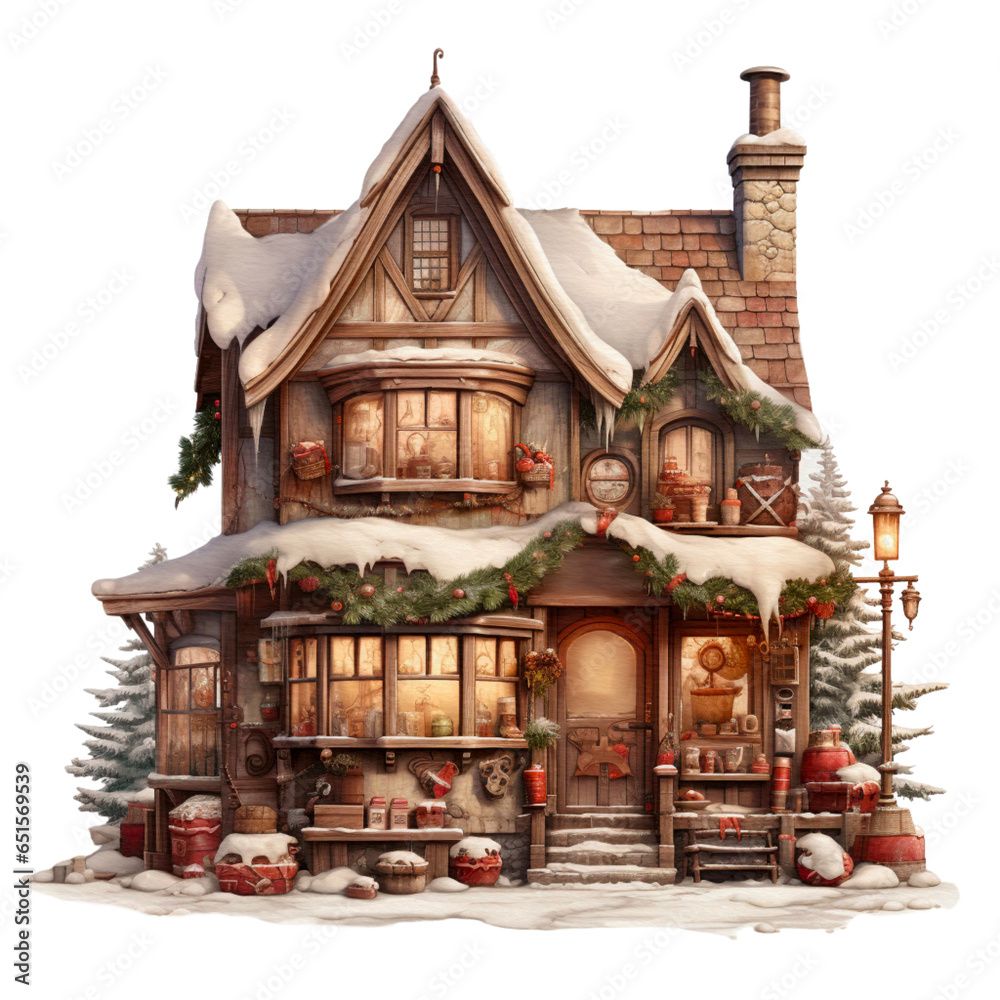 Watercolor winter Christmas house on a transparent background, Christmas decorative illustration. baan farm on Christmas day