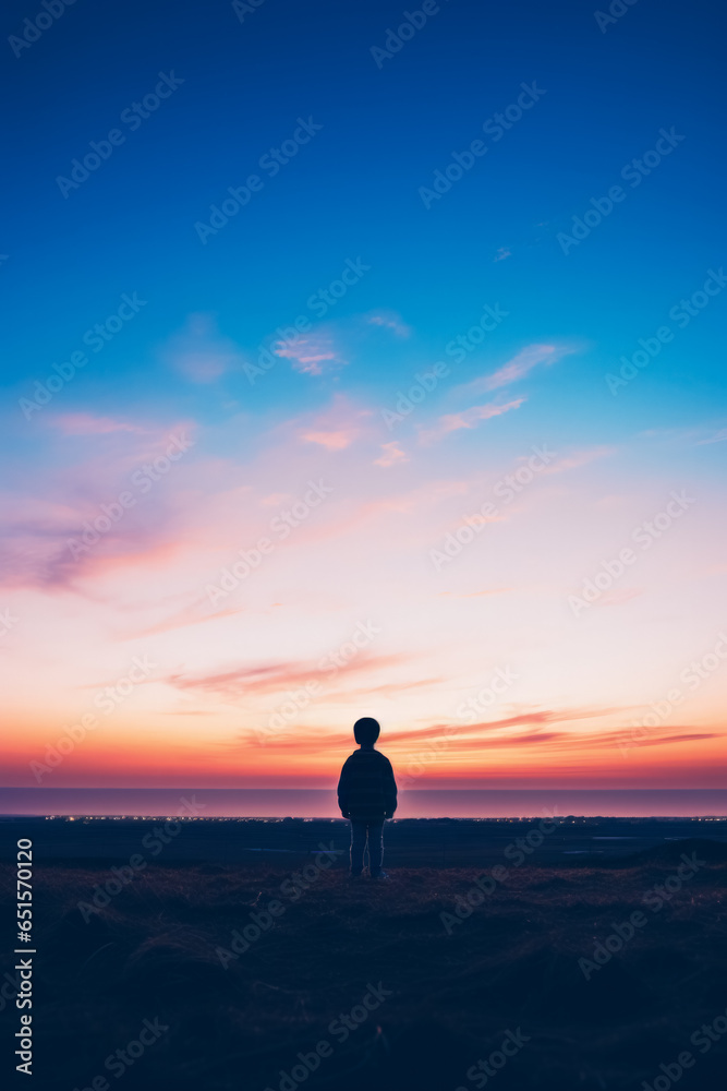 A child gazing at the horizon isolated on a dusk gradient background 