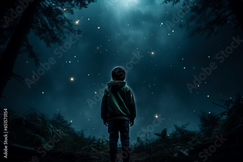 A child gazing bravely at a dark forest isolated on a moody gradient background 