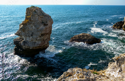 High impregnable rock in the water near the village of Tyulenovo in Bulgaria, Black Sea