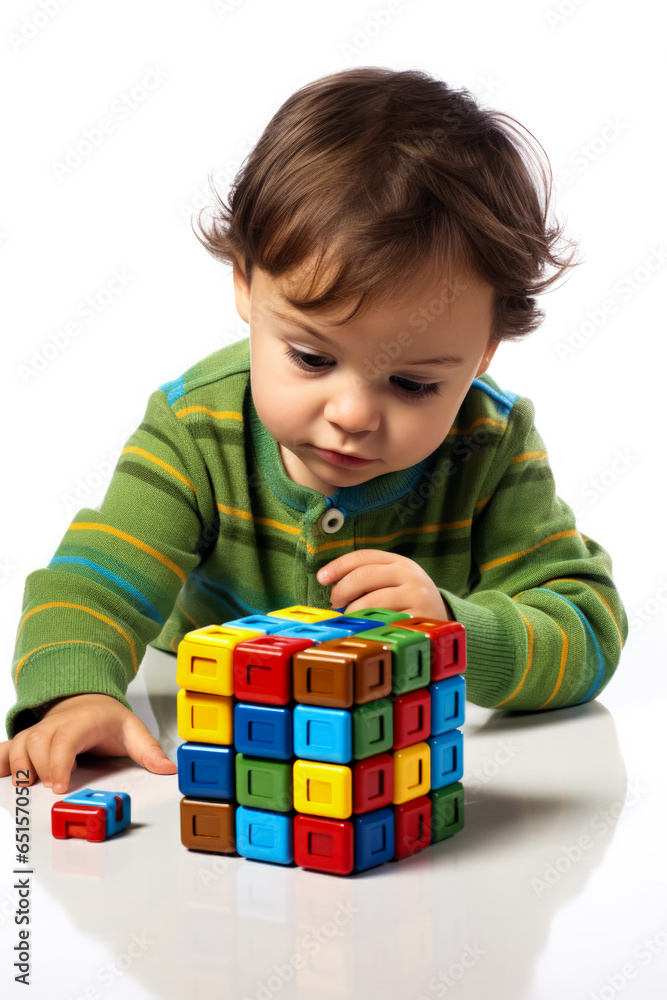 A puzzled child scrutinizing a geometry cube isolated on a white background A puzzled child scrutinizing a geometry cube isolated on a white background