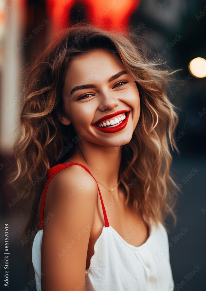 Naklejka premium Portrait of happy women with perfect smile with nice white teeth and red lipstick. Generative Ai.