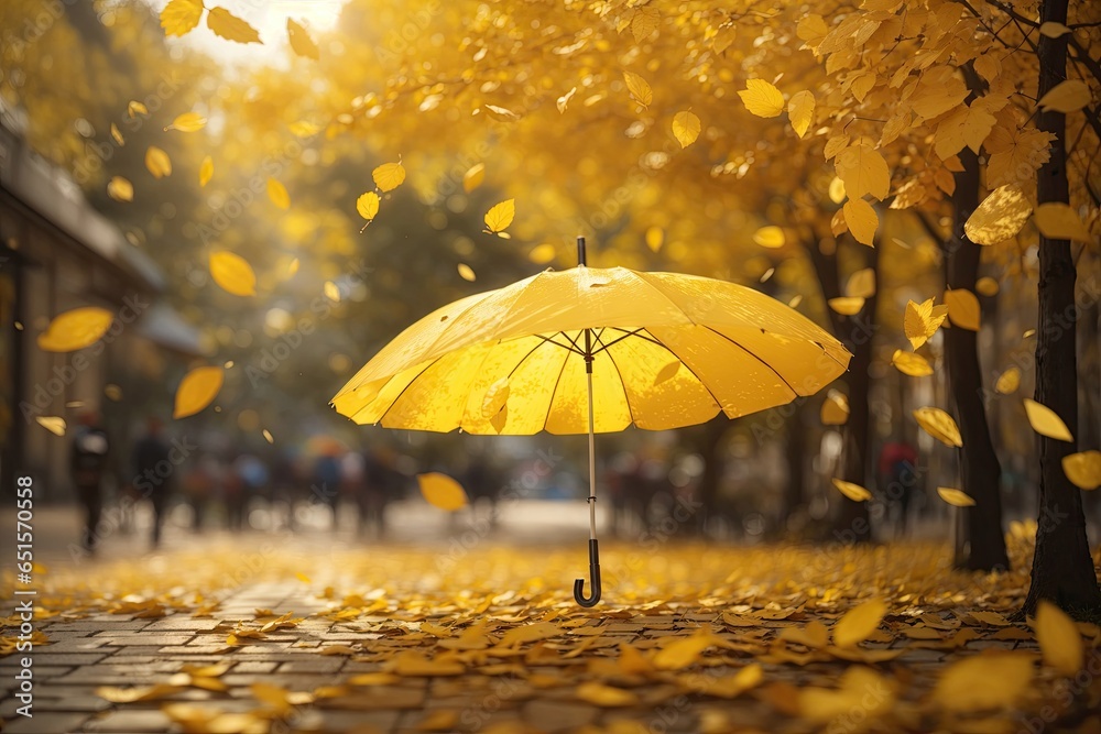 A yellow umbrella flies in the wind with yellow leaves. ai generative