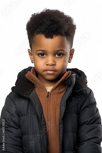 A shy child avoiding eye contact during a handshake isolated on a white background